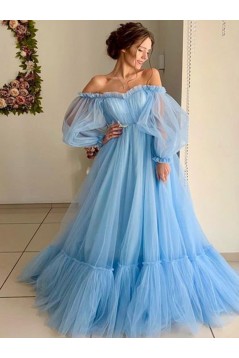 A-Line Off-the-Shoulder Tulle Long Prom Dress Formal Evening Dresses 601706