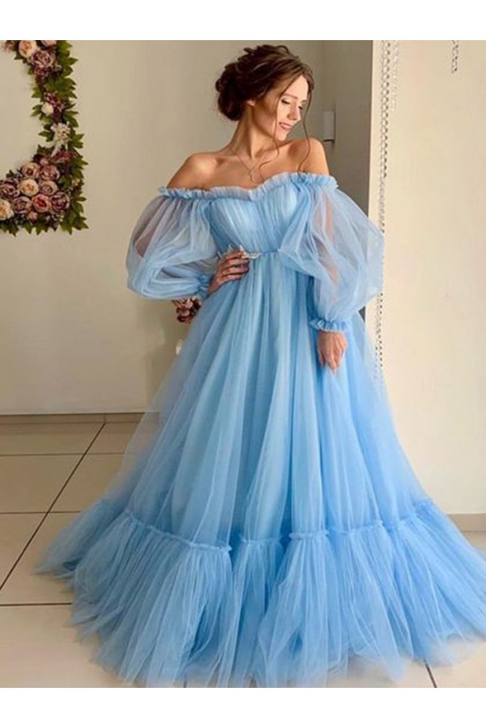 A-Line Off-the-Shoulder Tulle Long Prom Dress Formal Evening Dresses 601706