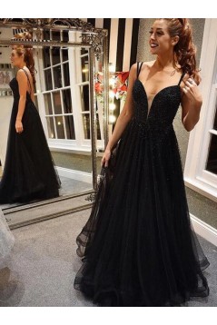 A-Line Beaded Long Black Prom Dress Formal Evening Dresses 601722