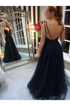 A-Line Beaded Long Black Prom Dress Formal Evening Dresses 601722