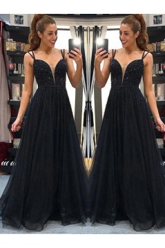 A-Line Beaded Long Black Prom Dress Formal Evening Dresses 601722