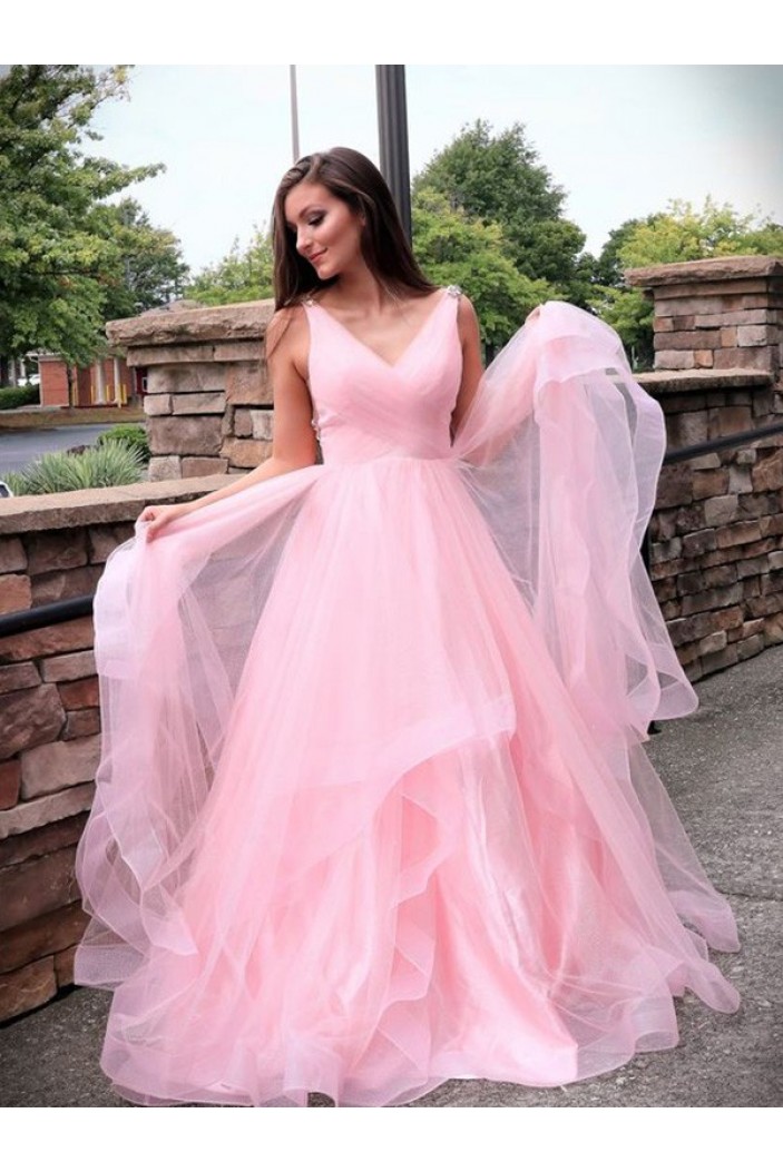 A-Line Long Pink Tulle Prom Dress Formal Evening Dresses 601748