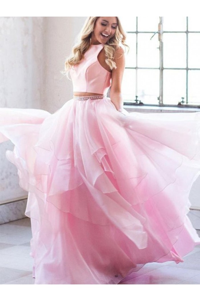A-Line Two Pieces Long Pink Prom Dress Formal Evening Dresses 601750
