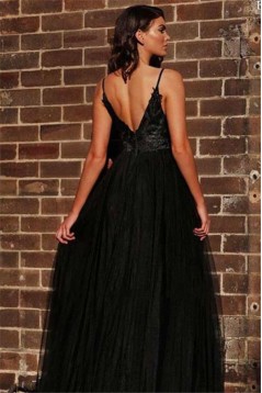 A-Line Long Black Lace Tulle V-Neck Long Prom Dress Formal Evening Dresses 601771