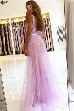 Long Pink Lace Tulle Prom Dress Formal Evening Dresses 601787