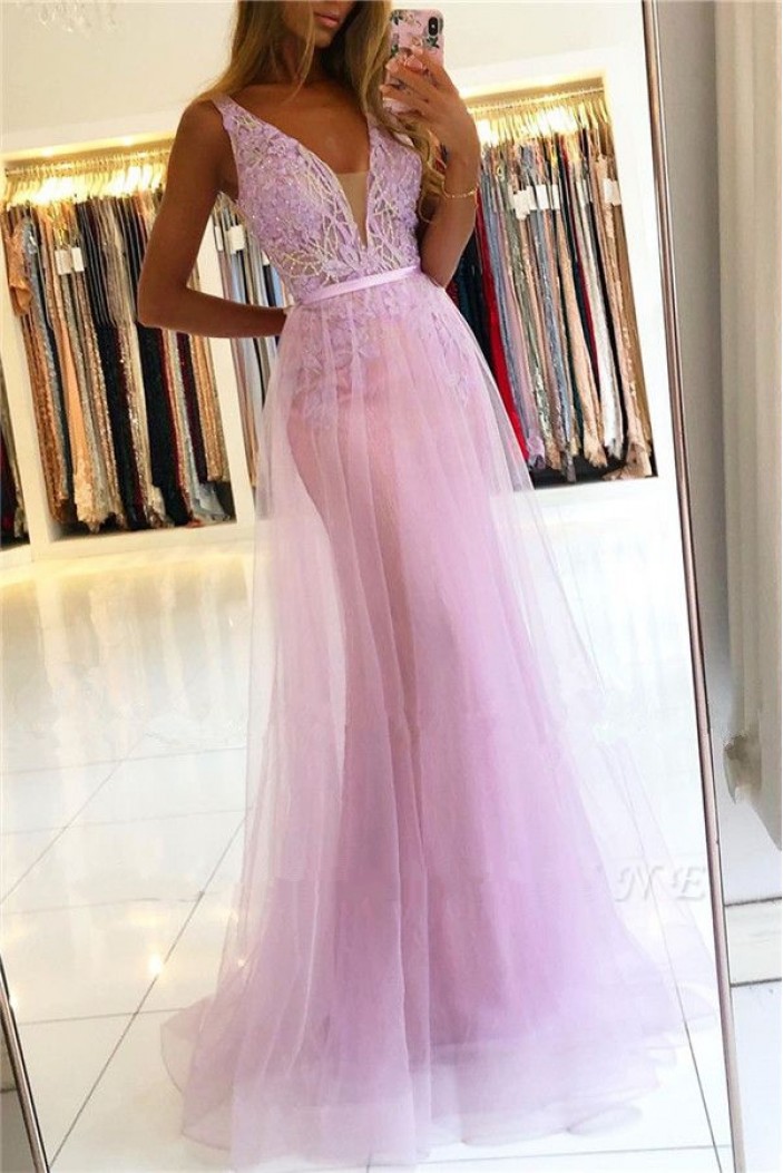 Long Pink Lace Tulle Prom Dress Formal Evening Dresses 601787