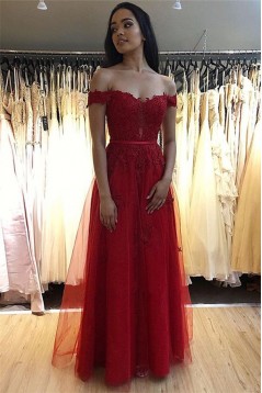 A-Line Lace Tulle Off-the-Shoulder Long Prom Dress Formal Evening Dresses 601789
