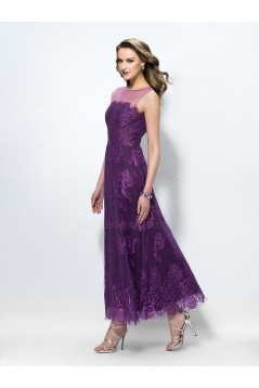 A-Line Long Purple Lace Low V-Back Mother of the Bride Dresses M010036