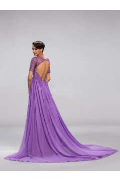 A-Line Beaded Short Sleeve Long Chiffon Mother of the Bride Dresses M010046