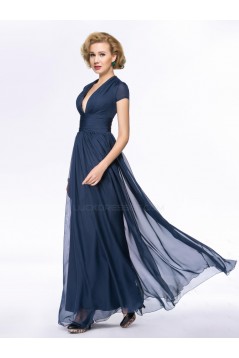A-Line Deep V-Neck Cap-Sleeve Long Chiffon Mother of the Bride Dresses M010058