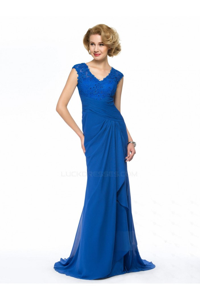 Sheath V-Neck Long Blue Lace and Chiffon Mother of the Bride Dresses M010065