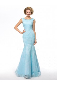Elegant Trumpet/Mermaid Beaded Long Blue Lace Mother of the Bride Dresses M010071