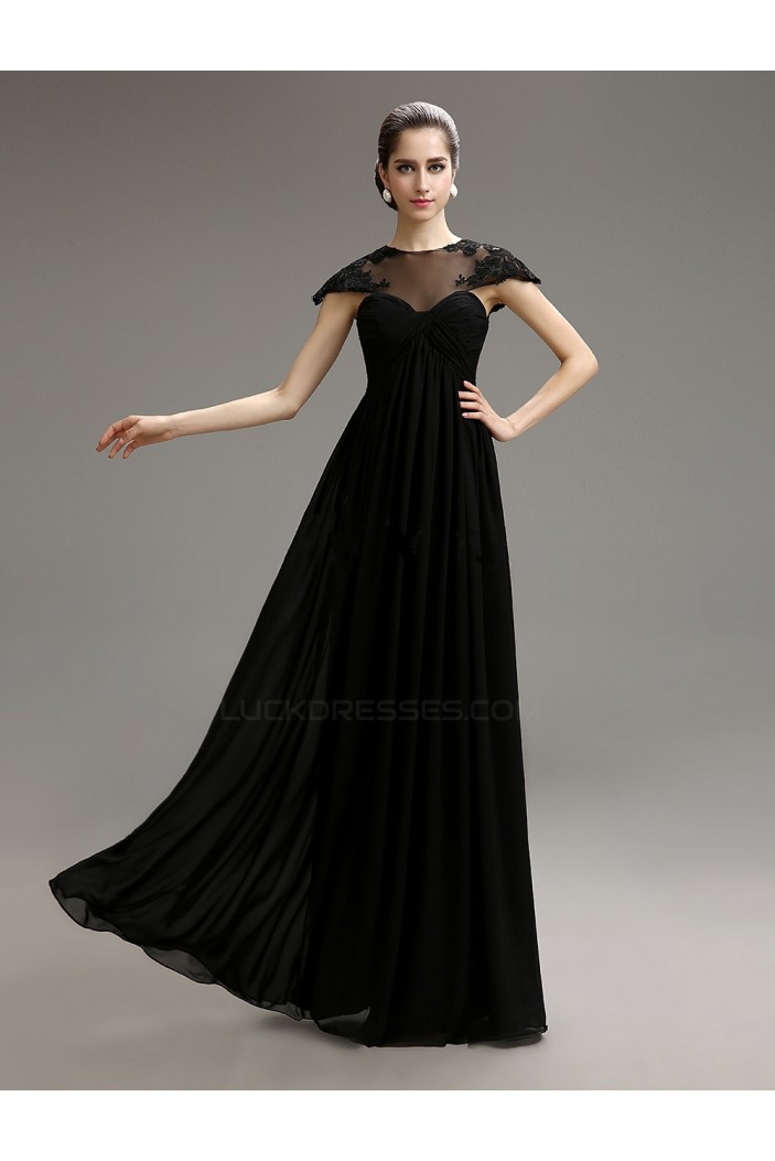 Empire Cap-Sleeve Long Black Chiffon Mother of the Bride Dresses M010079