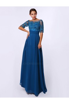 A-Line Bateau Short Sleeve Long Blue Chiffon Mother of the Bride Dresses M010085