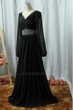 A-Line V-Neck Long Sleeve Beaded Chiffon Mother of the Bride Dresses M010096
