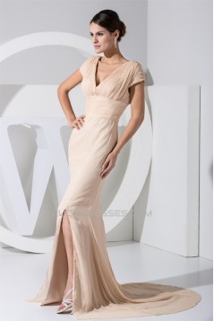 Chiffon Silk like Satin Puddle Train Short Sleeve V-Neck Mother of the Bride Dresses 2040031