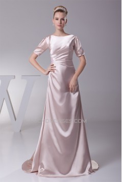 A-Line Short Sleeve Ruched Brush Sweep Train Elastic Woven Satin Mother of the Bride Dresses 2040062