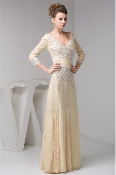 A-Line 3/4 Sleeves Lace Chiffon Beaded Applique Long Mother of the Bride Dresses 2040134