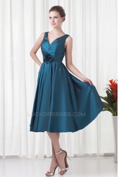 A-Line V-Neck Handmade Flowers Sleeveless Tea Length Mother of the Bride Dresses 2040181
