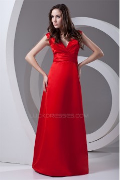 Sleeveless Sheath/Column V-Neck Pleats Satin Floor-Length Mother of the Bride Dresses 2040196