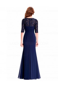 Long Navy Blue Half Sleeves Lace Chiffon Mother of The Bride Dresses 3040001