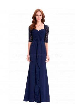Long Navy Blue Half Sleeves Lace Chiffon Mother of The Bride Dresses 3040001