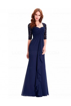 Long Navy Blue Half Sleeves Lace Chiffon Mother of The Bride Dresses 3040001