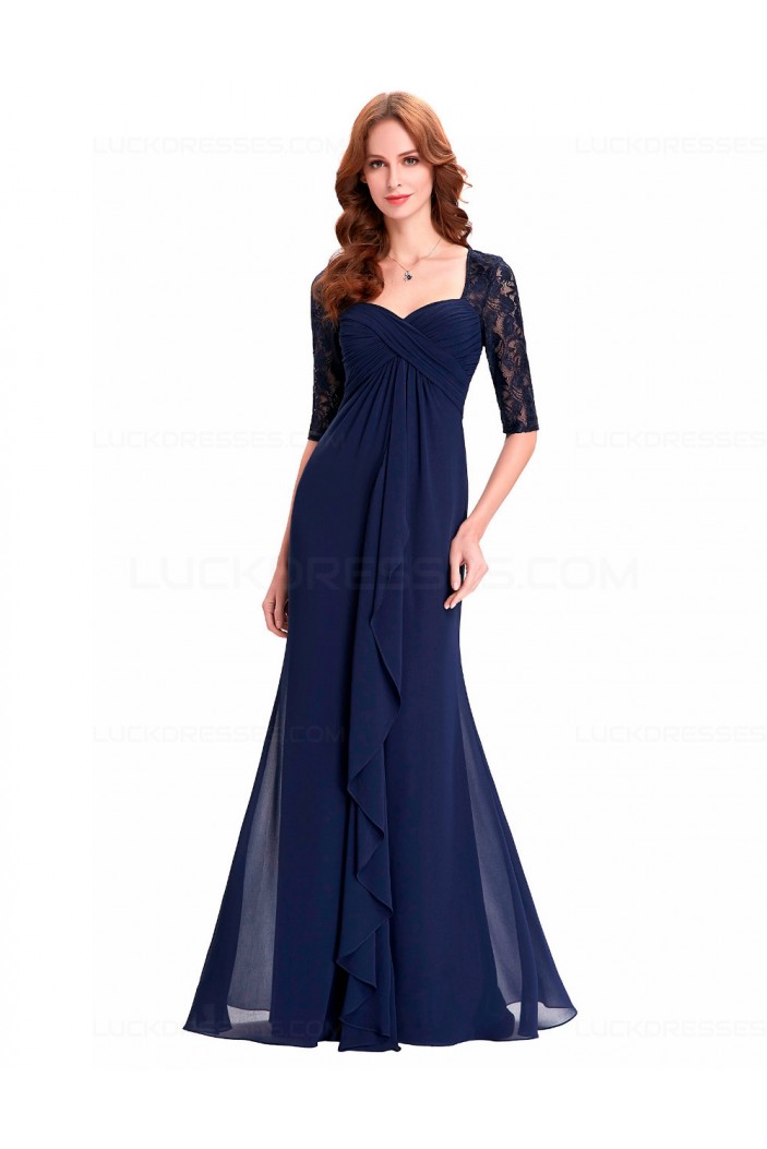 Long Navy Blue Half Sleeves Lace Chiffon Mother of The Bride Dresses 3040001