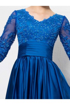 A-Line Long Blue V-Neck 3/4 Length Sleeves Lace Mother of The Bride Dresses 3040007
