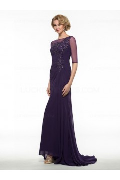 Half Sleeves Illusion Neckline Lace Chiffon Long Purple Mother of The Bride Dresses 3040020