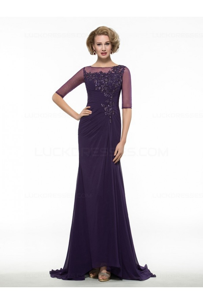 Half Sleeves Illusion Neckline Lace Chiffon Long Purple Mother of The Bride Dresses 3040020