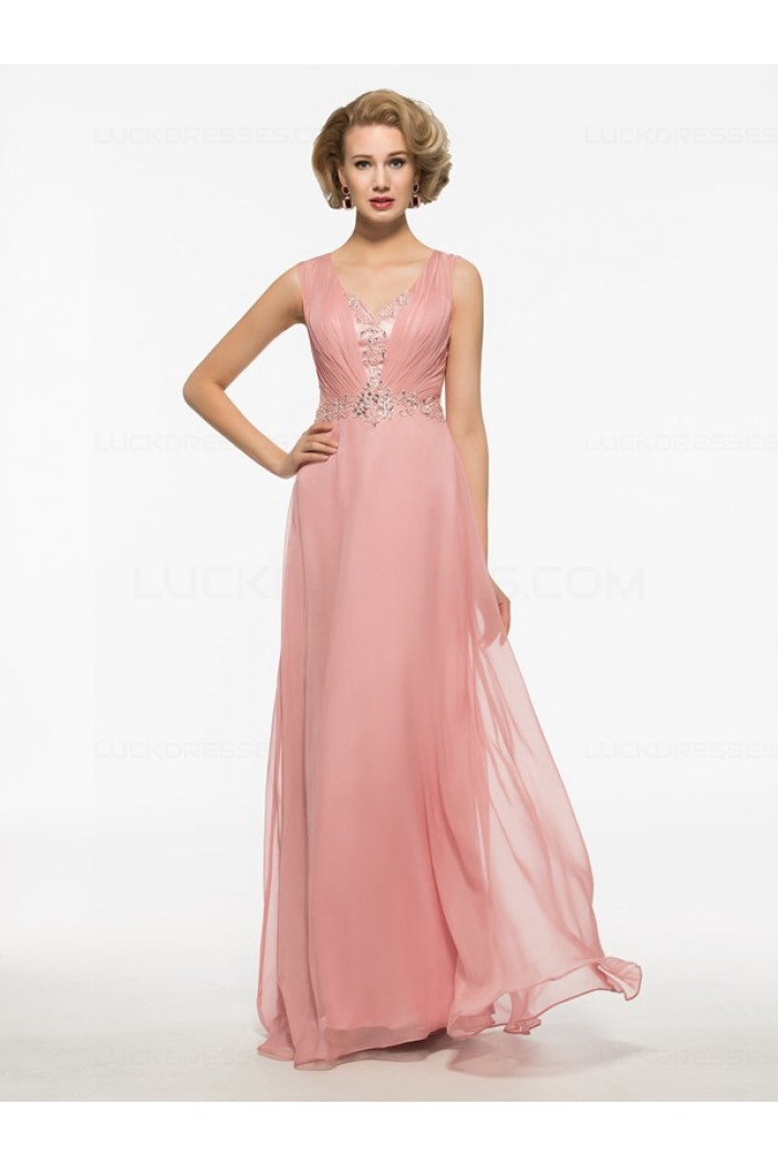 Long Pink Lace Chiffon V-Neck Mother of The Bride Dresses 3040024