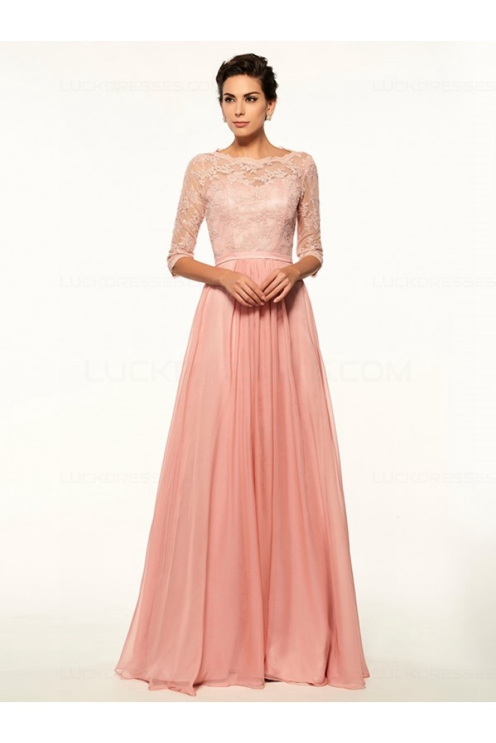 A-Line Bateau Half Sleeves Lace Chiffon Long Mother of The Bride Dresses 3040026