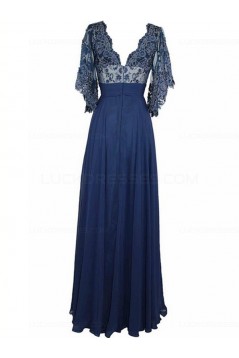 Long Blue V-Neck Lace Chiffon Long Mother of The Bride Dresses 3040037