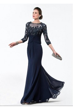 Beaded Lace Chiffon 3/4 Length Sleeves Long Blue Mother of The Bride Dresses 602005