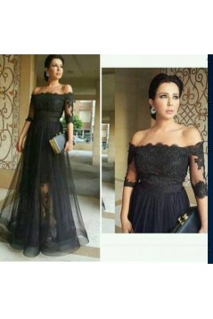 Long Black Off-the-Shoulder Lace Mother of The Bride Dresses 602091