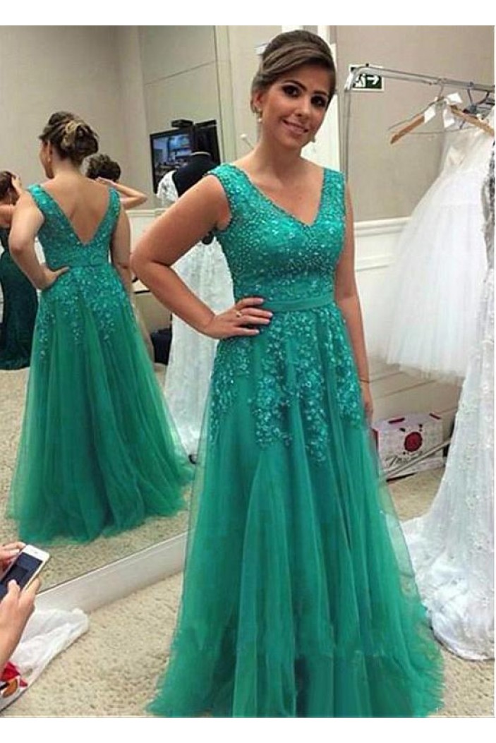 A-Line Tulle V-Neck Long Mother of The Bride Dresses with Beads and Lace Appliques 602142