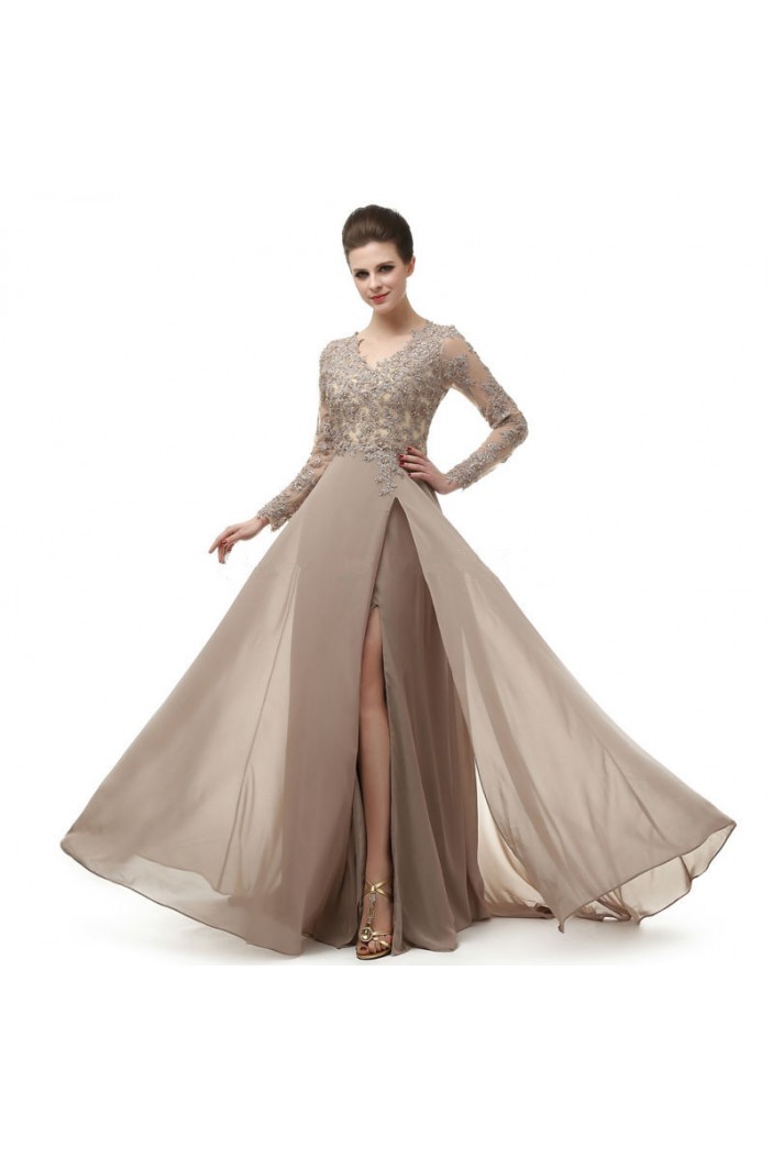 A-Line V-Neck Long Sleeves Lace Chiffon Mother of The Bride Dresses 602149