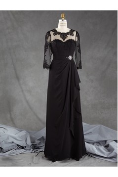 3/4 Length Sleeves Long Black Chiffon Lace Mother of The Bride Dresses 602164