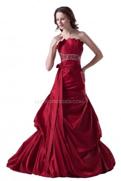 A-line Chapel Train Red Beaded Wedding Dresses WD010014