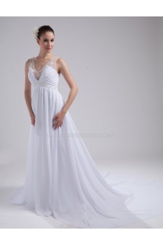 Elegant A-line V-neck Straps Chapel Train Chiffon Beaded Wedding Dresses WD010026
