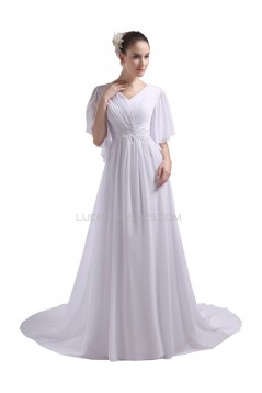 A-line Short Sleeves Chapel Train Chiffon Wedding Dresses WD010031