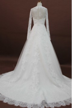 A-line V-neck Long Sleeves Chapel Train Lace Bridal Wedding Dresses WD010169