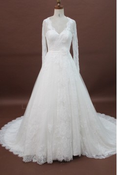 A-line V-neck Long Sleeves Chapel Train Lace Bridal Wedding Dresses WD010169