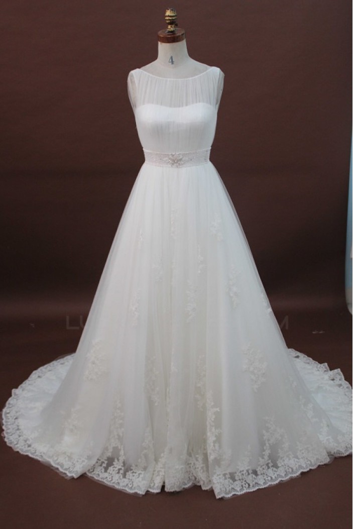 A-line Chapel Train Beaded Lace Bridal Wedding Dresses WD010178