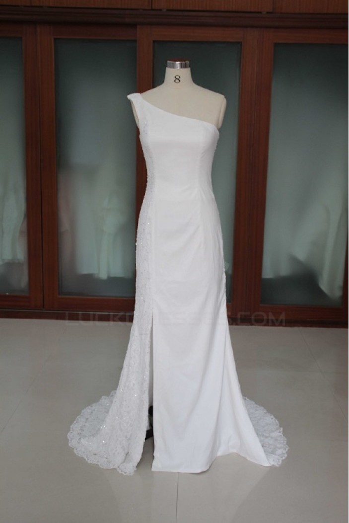 Sheath/Column One Shoulder Beaded Lace and Chiffon Bridal Wedding Dresses WD010190