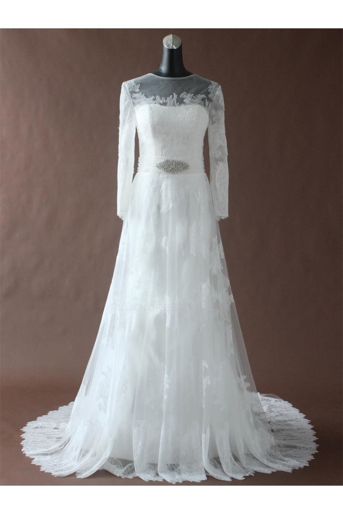 A-line Chapel Train Long Sleeves Lace Bridal Wedding Dresses WD010195