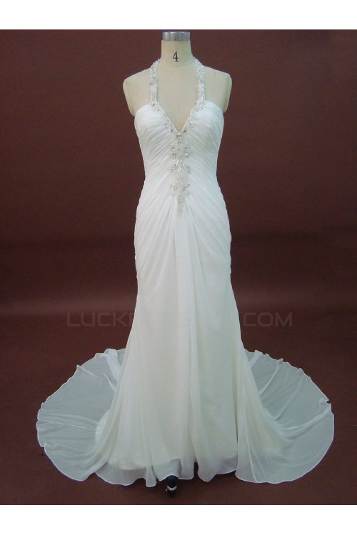 Sheath/Column Halter Sweep Train Beaded Chiffon Bridal Wedding Dresses WD010212
