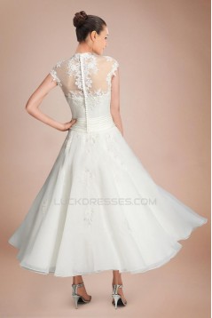 A-line Short Sleeves Tea Length Lace Bridal Wedding Dresses WD010290