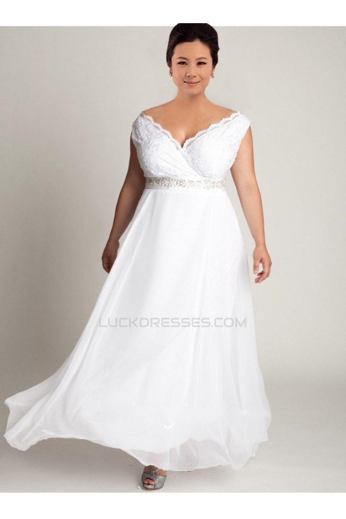 A-line Off the Shoulder Lace and Chiffon Plus Size Bridal Wedding Dresses WD010309